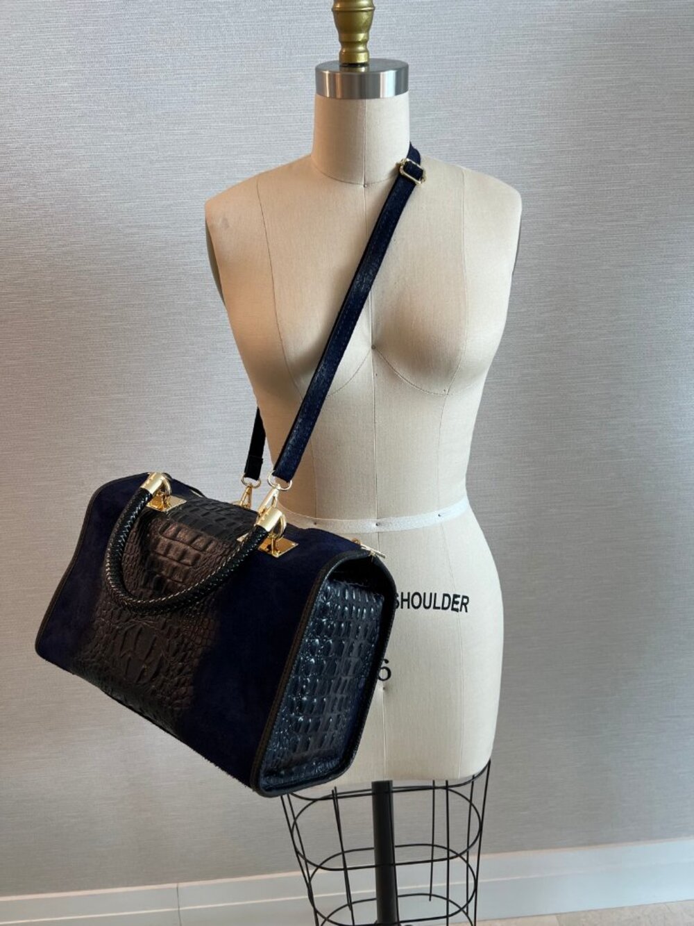 Navy Croc Embossed Leather Suede Satchel Gold Hardware Made in Italy
